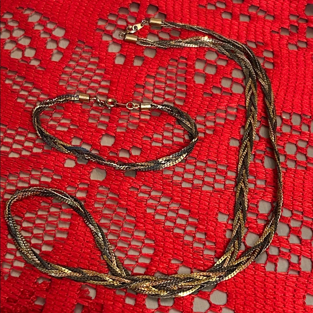 Vintage herringbone 3 tone braided twisted necklace and bracelet set